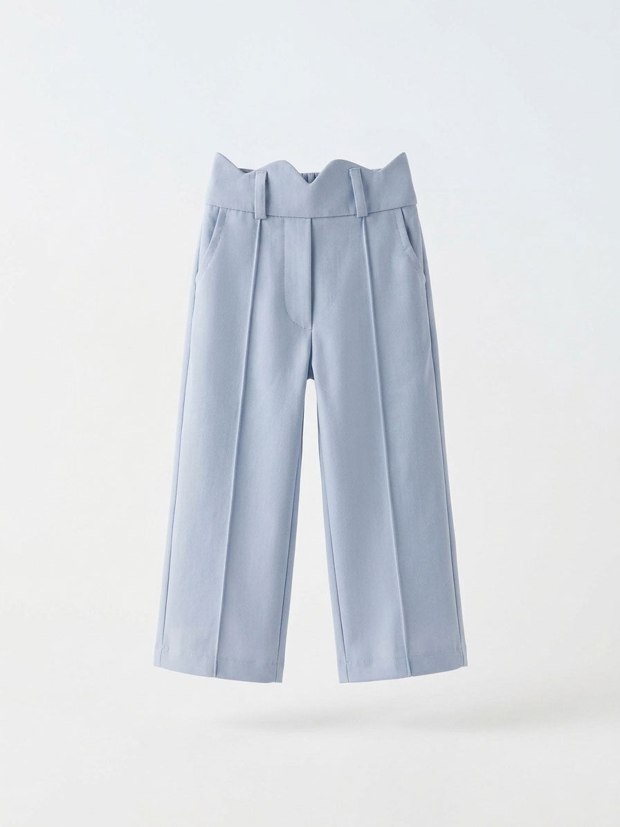 Girls Powder Blue Tailored Scalloped-Waist Wide-Leg Trousers