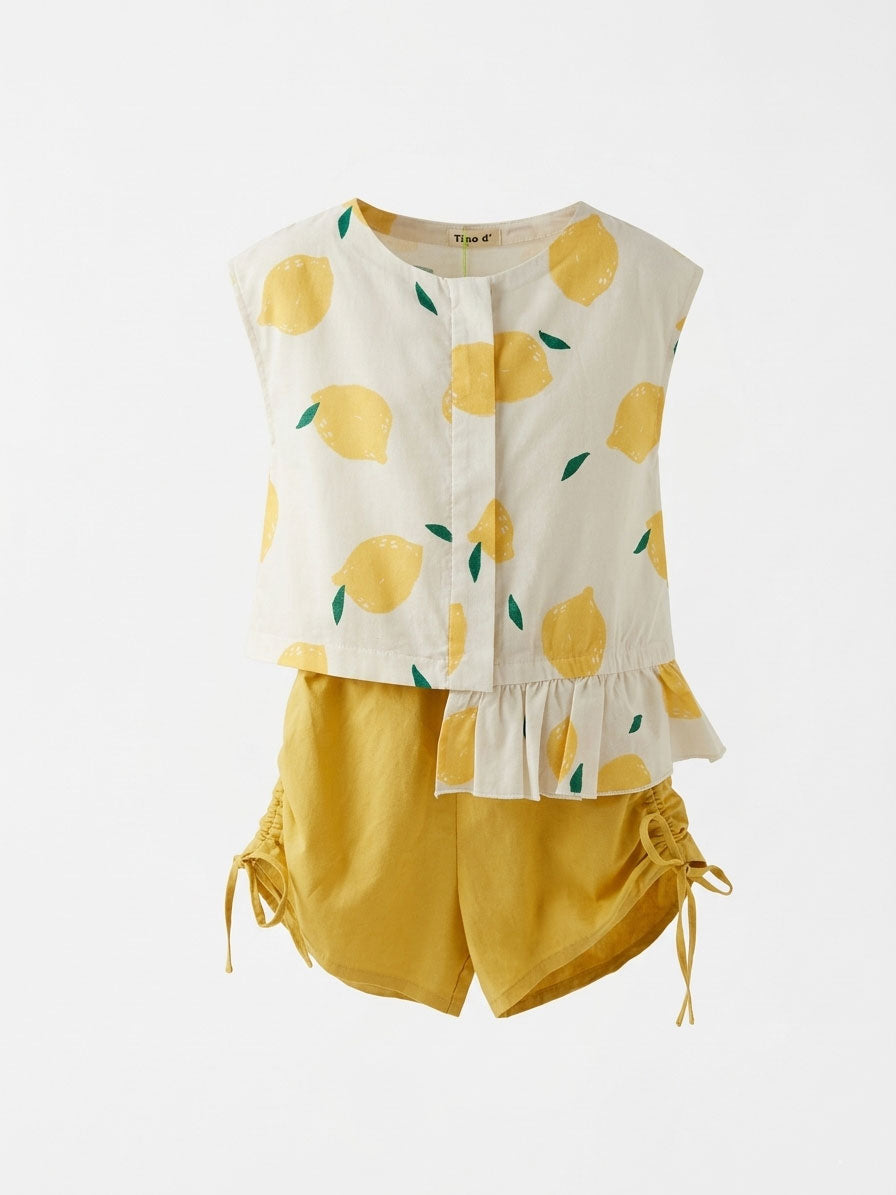 Girls Lemon Print Ruffle-Hem Crop Top & Yellow Drawstring Shorts Set