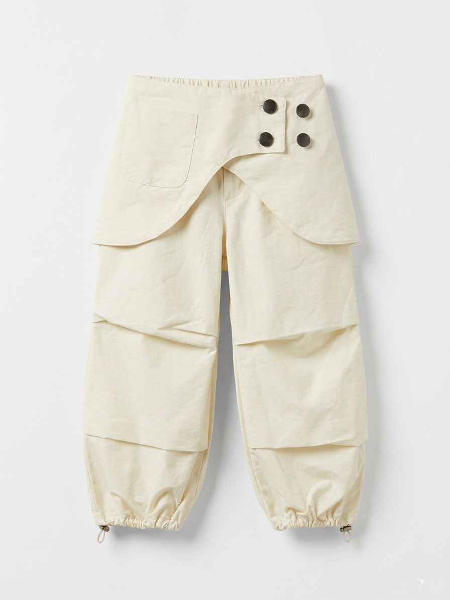 Girls Cream Parachute Wide-Leg Utility Pants with Snap Flap Pockets & Elasticated Ankles