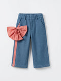Girls Blue Denim-Look Wide-Leg Pants with Coral 3D Bow Hip & Stripe Detail