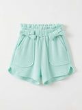Girls Mint Waffle-Knit Paper-Bag Bow Front Shorts