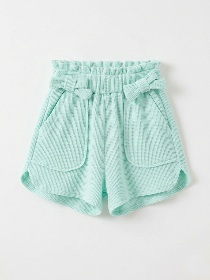 Girls Mint Waffle-Knit Paper-Bag Bow Front Shorts