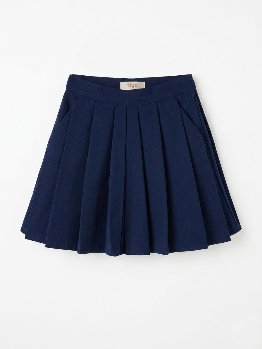 Girls Navy Full Knife-Pleat A-Line Mini Skirt