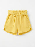Girls Yellow Waffle-Knit Paper-Bag Bow Front Shorts
