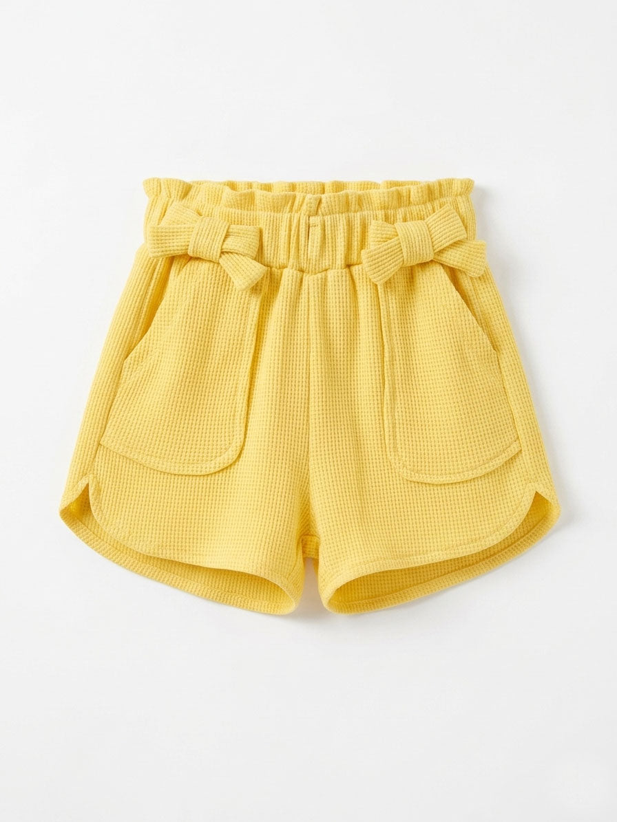Girls Yellow Waffle-Knit Paper-Bag Bow Front Shorts