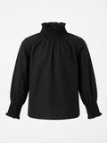 Girls Black Long-Sleeve Smocked Ruffle High-Neck Blouse with Puff Sleeves