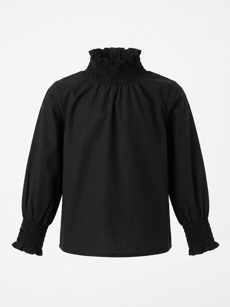 Girls Black Long-Sleeve Smocked Ruffle High-Neck Blouse with Puff Sleeves
