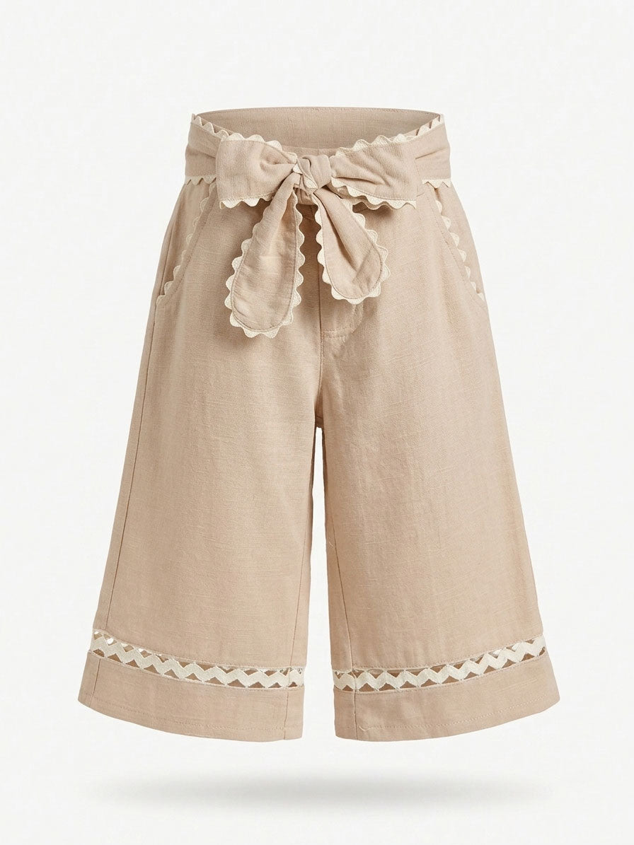 Girls Beige Linen-Look Paper-Bag Scalloped Trim Wide-Leg Bermuda Shorts