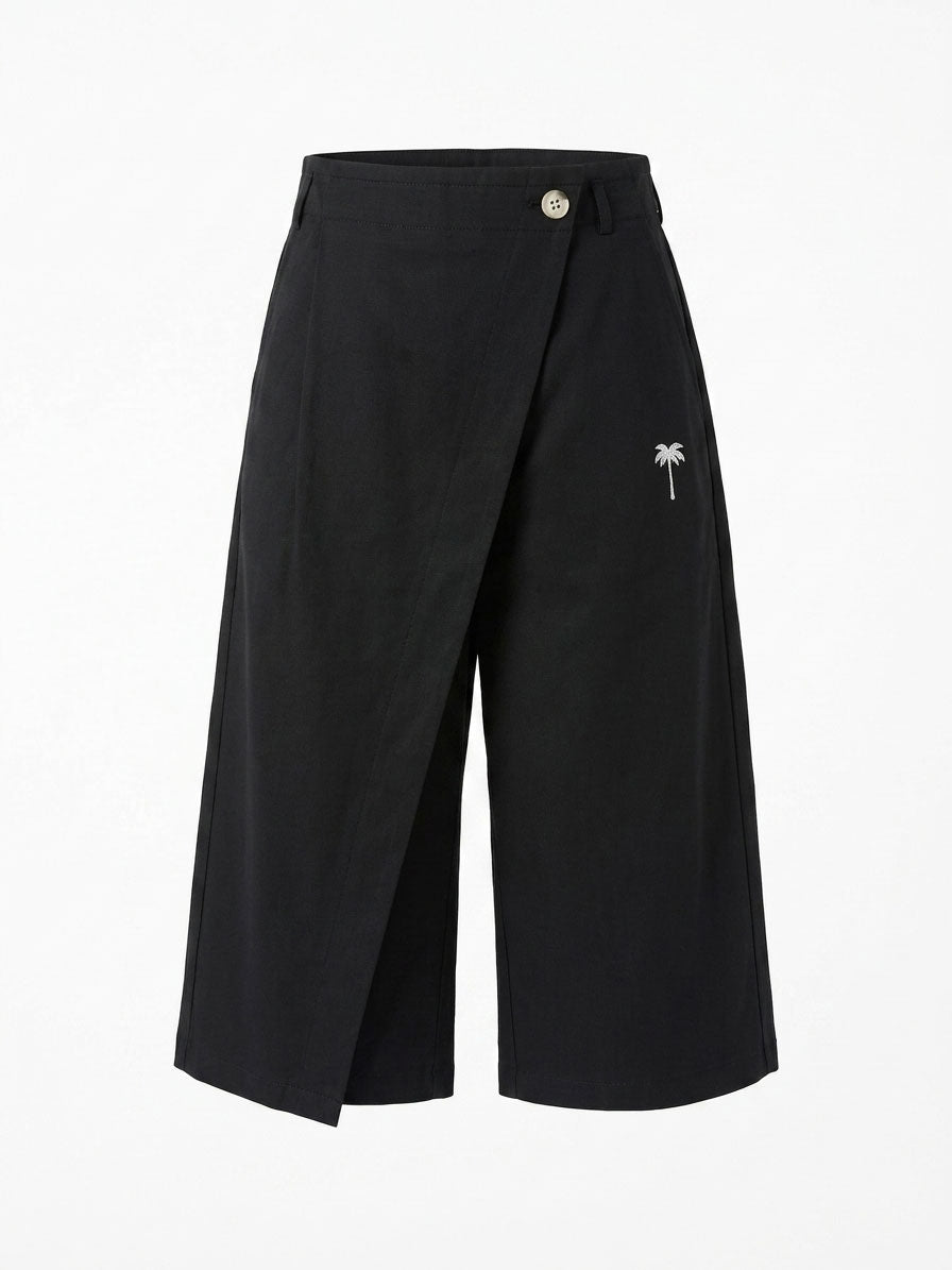 Girls Black Wrap-Front Wide-Leg Pants with Palm Tree Embroidery