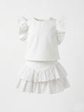 Girls White Broderie Lace Flutter-Sleeve Top & Tiered Ruffle Skirt Set