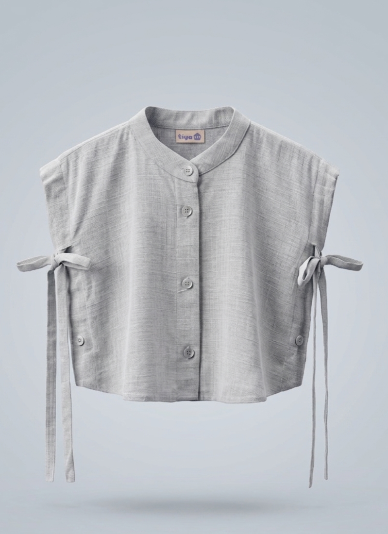 Girls Grey Linen-Look Side-Tie Sleeveless Button Shirt