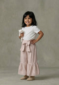 Girls Blush Beige Wide-Leg Linen Palazzo Pants with Bow Sash & Ruffled Hem