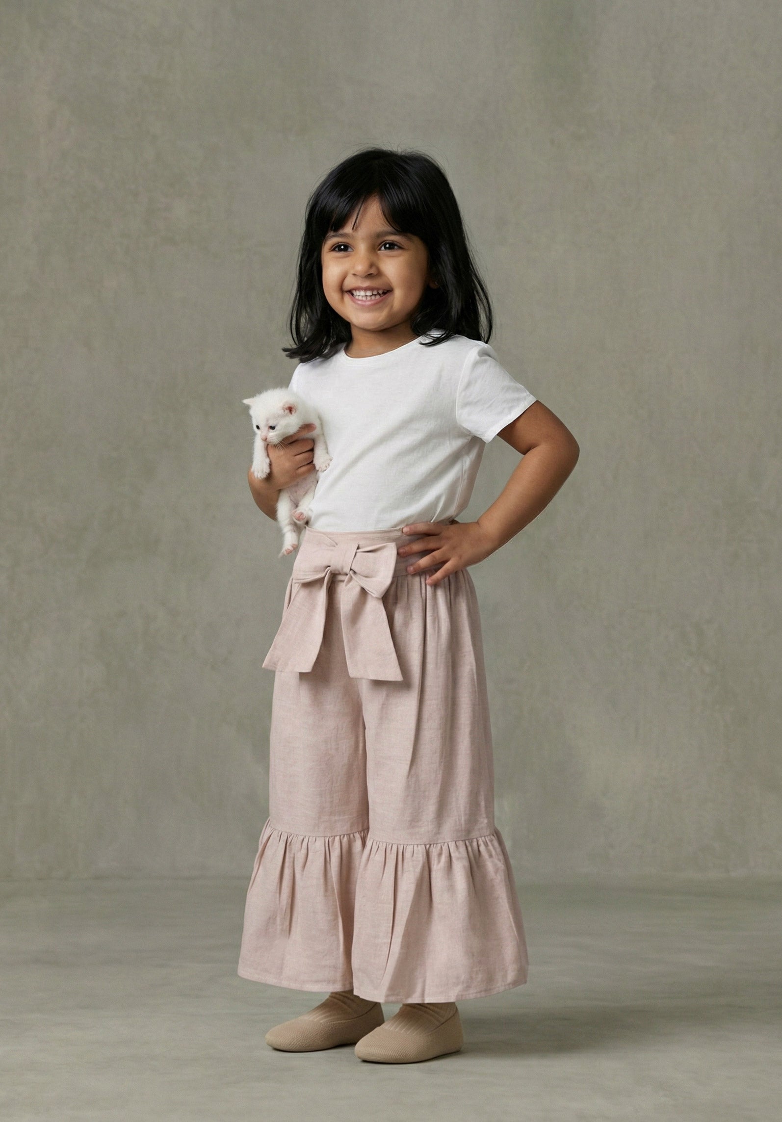 Girls Blush Beige Wide-Leg Linen Palazzo Pants with Bow Sash & Ruffled Hem