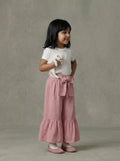 Girls Rose Pink Wide-Leg Linen Palazzo Pants with Bow Sash & Ruffled Hem