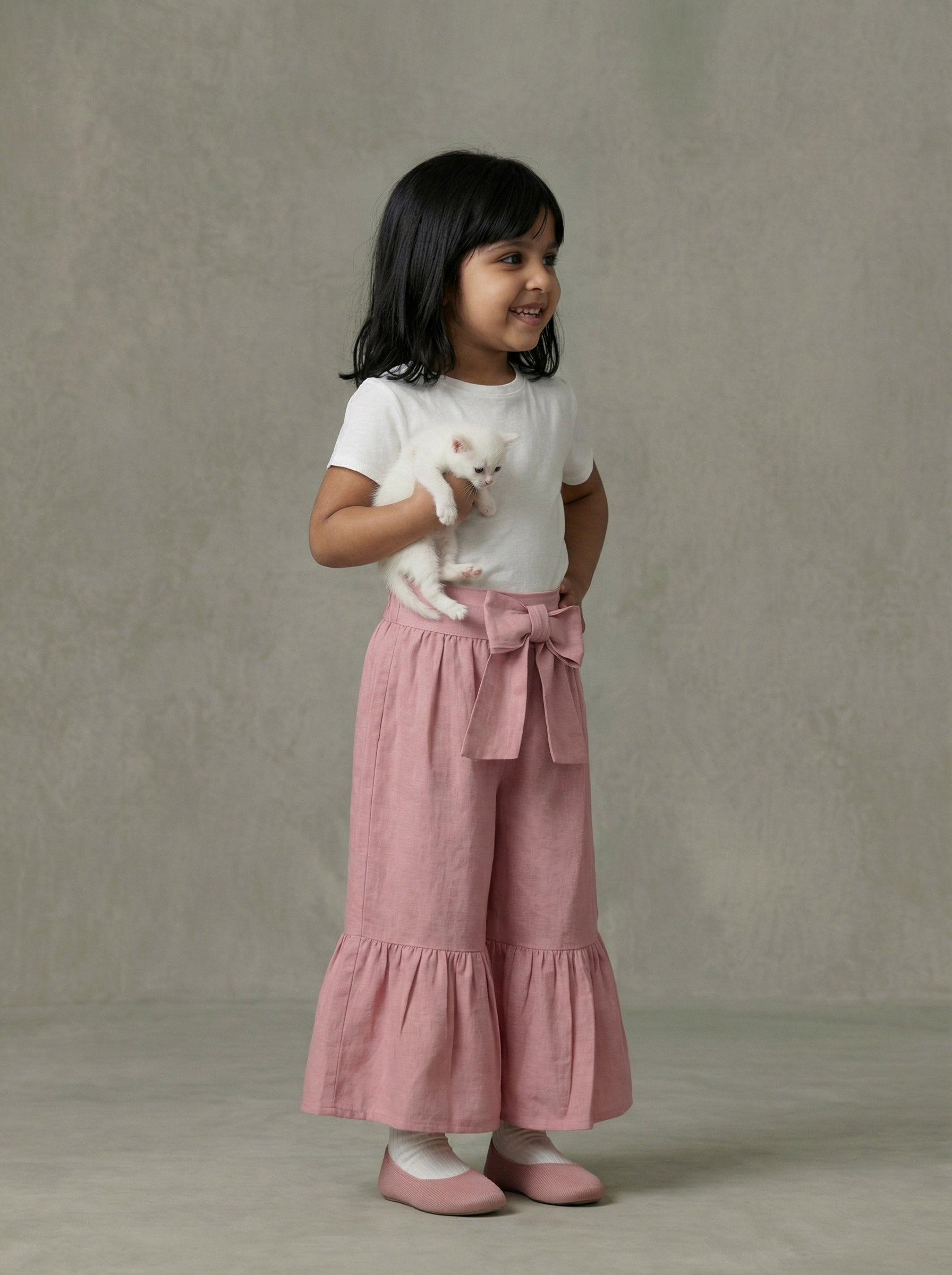 Girls Rose Pink Wide-Leg Linen Palazzo Pants with Bow Sash & Ruffled Hem