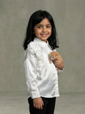 Girls White Satin Long-Sleeve Button-Down Shirt with 3D Ruffle Rose Appliqué