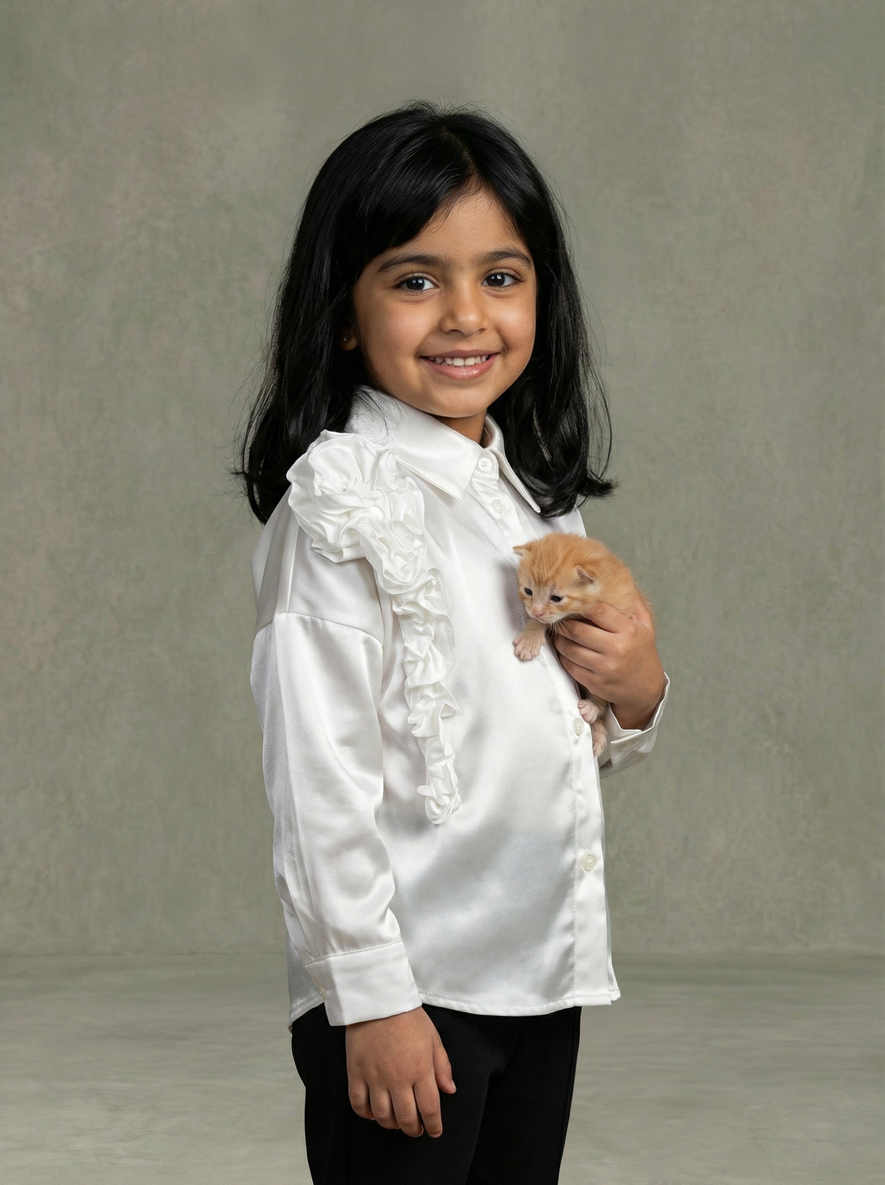 Girls White Satin Long-Sleeve Button-Down Shirt with 3D Ruffle Rose Appliqué
