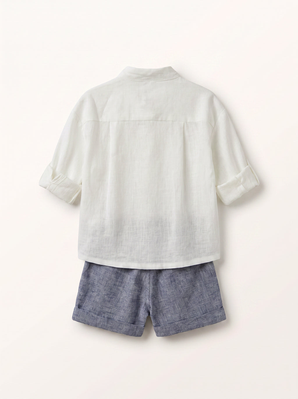 Boys White and Blue Collared Shirt and Shorts Matching Set