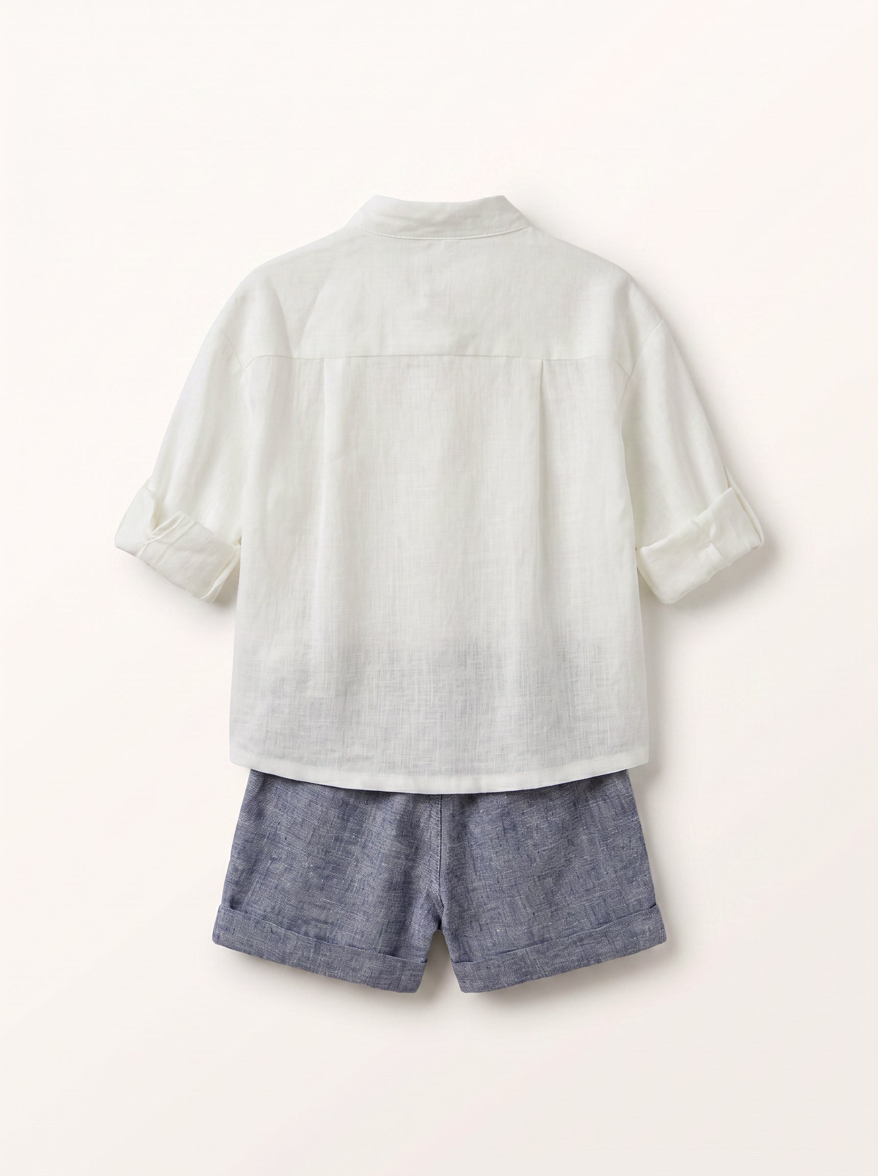 Boys White and Blue Collared Shirt and Shorts Matching Set