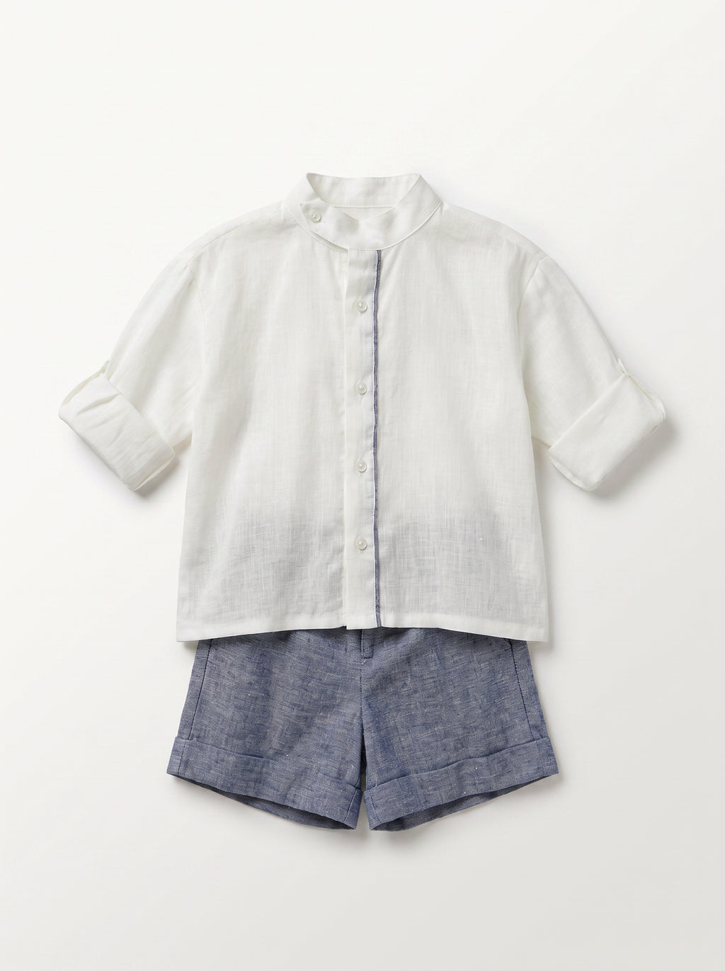 Boys White and Blue Collared Shirt and Shorts Matching Set