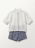 Boys White and Blue Collared Shirt and Shorts Matching Set
