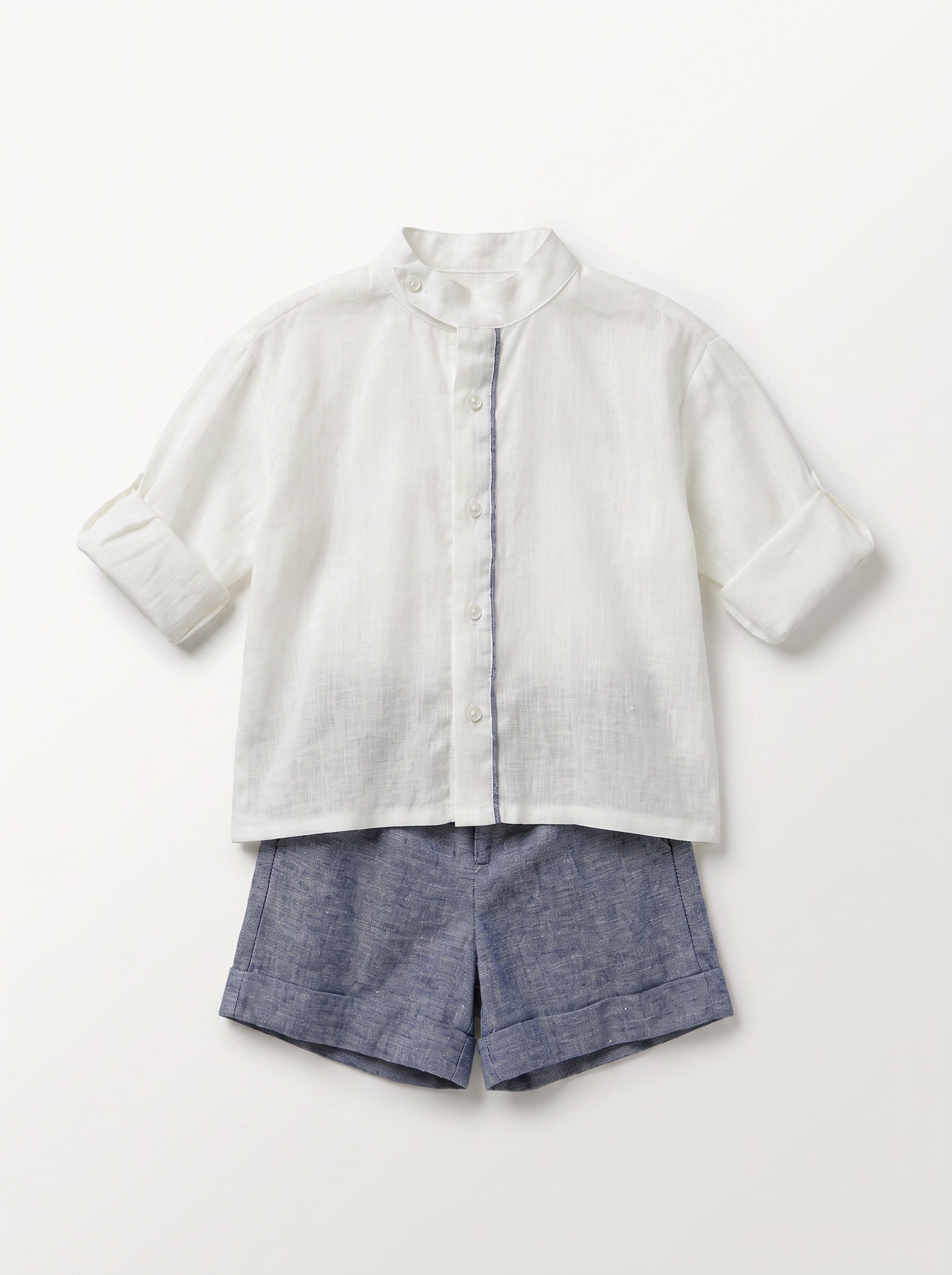Boys White and Blue Collared Shirt and Shorts Matching Set