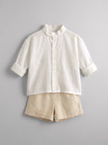Girls White and Beige Collared Shirt and Shorts Coordinated Set