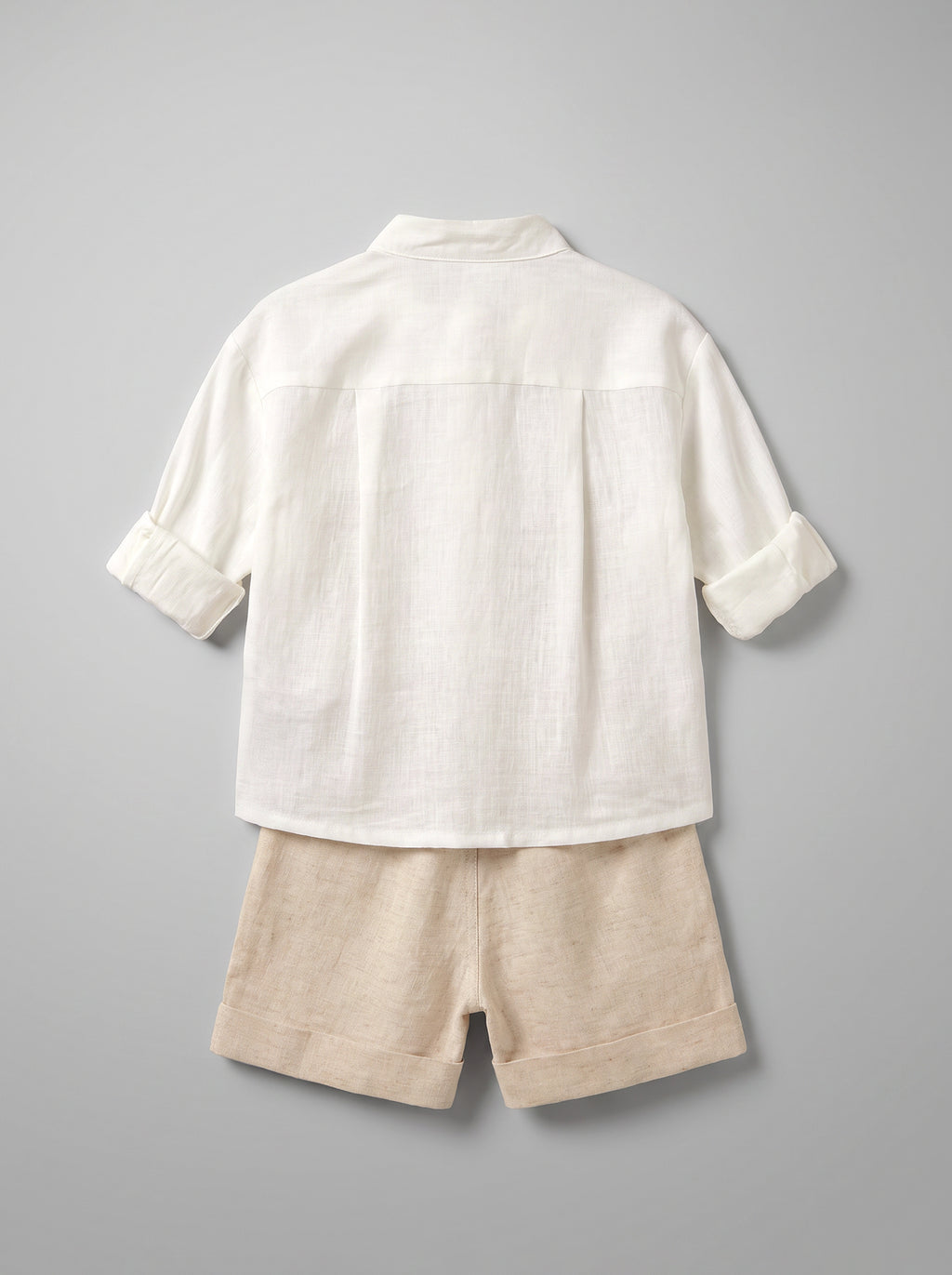 Girls White and Beige Collared Shirt and Shorts Coordinated Set