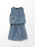 Girls Light Blue Denim Coordinated Two-Piece Set