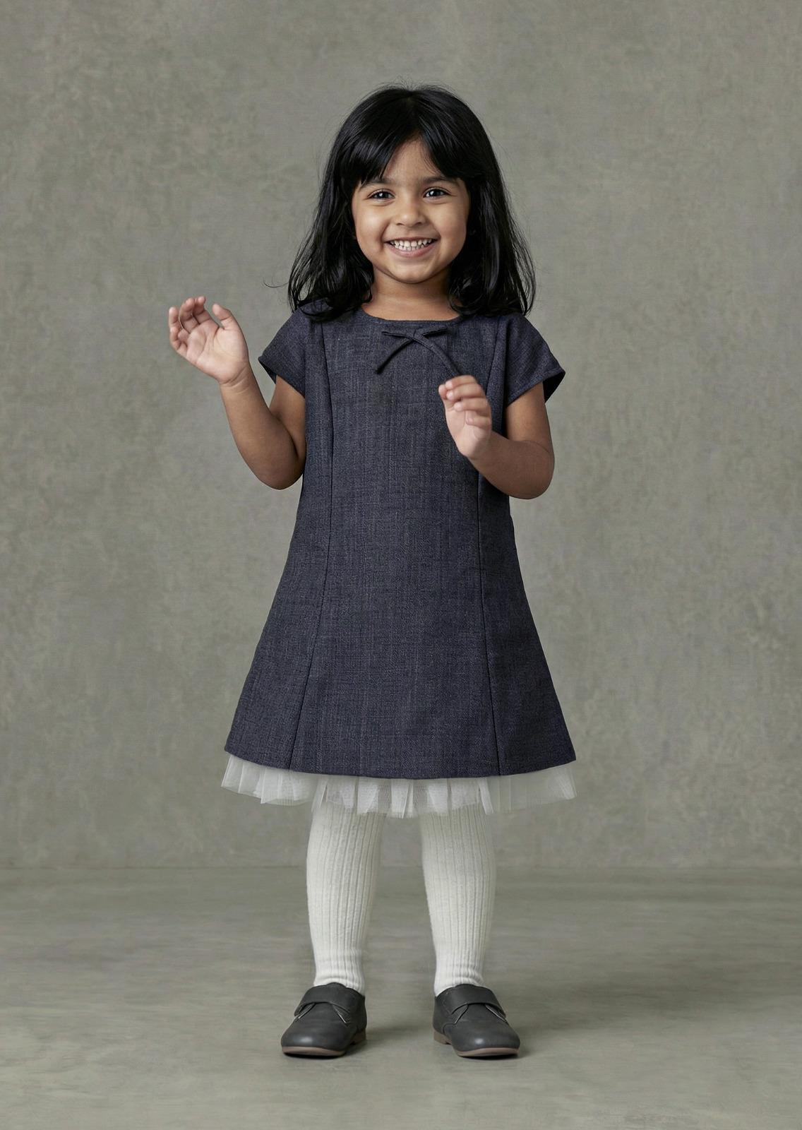 Girls Charcoal Grey Bow-Detail Cap-Sleeve Shift Dress with Tulle Hem