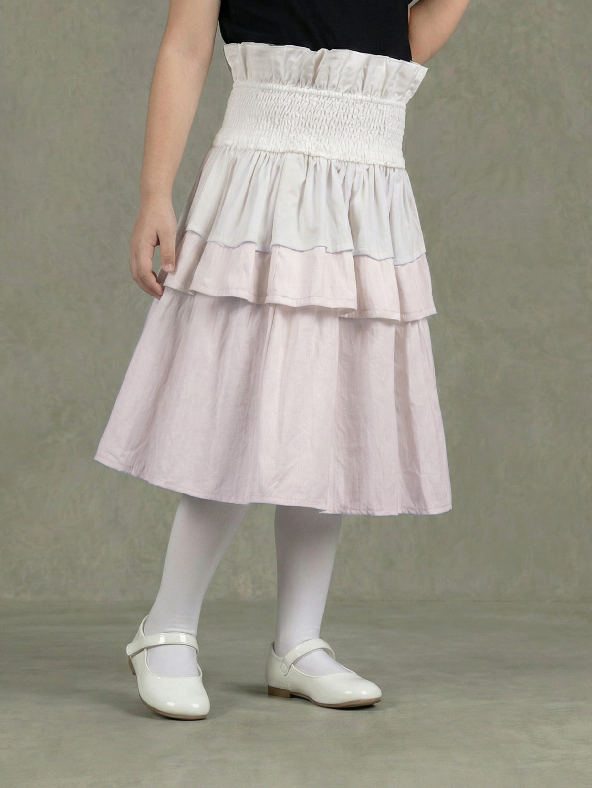Girls Off-White & Blush Beige Smocked-Waist Three-Tier Ruffle Midi Skirt