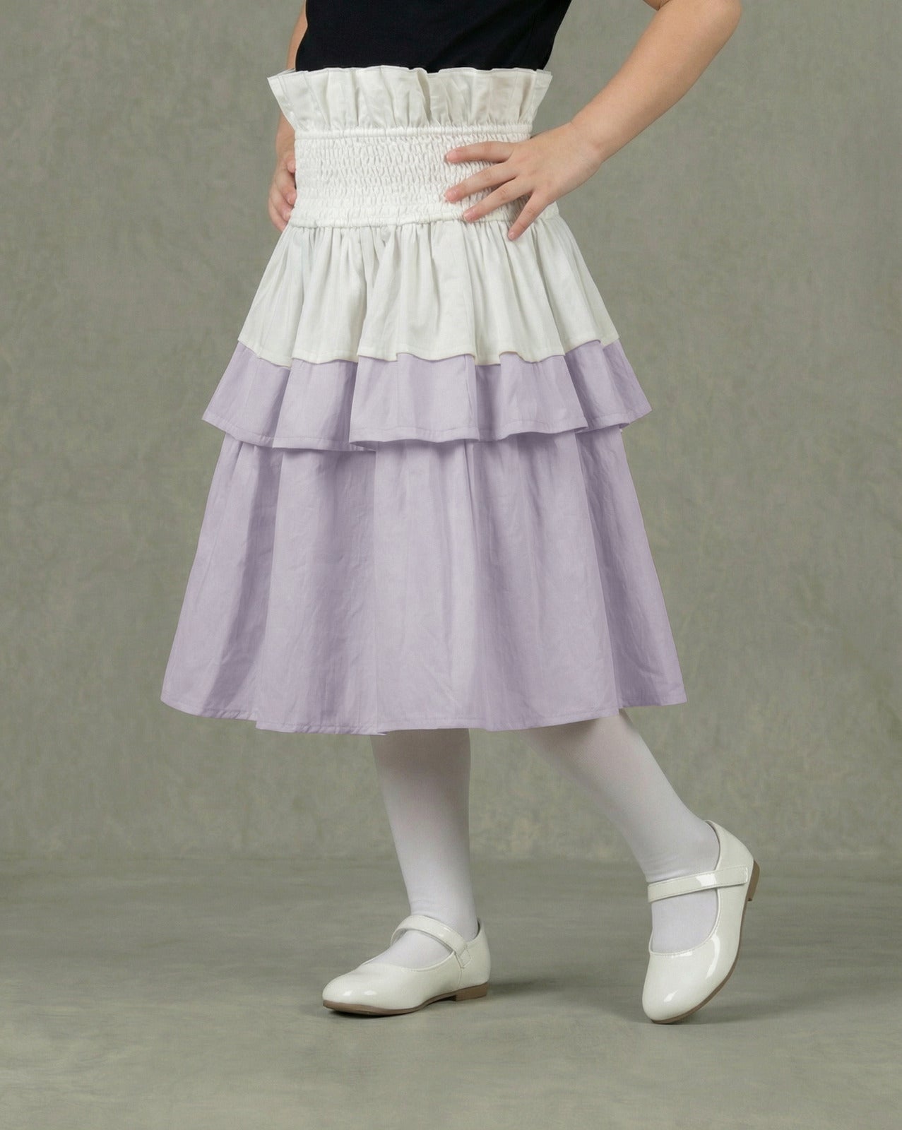 Girls Off-White & Lavender Grey Smocked-Waist Three-Tier Ruffle Midi Skirt