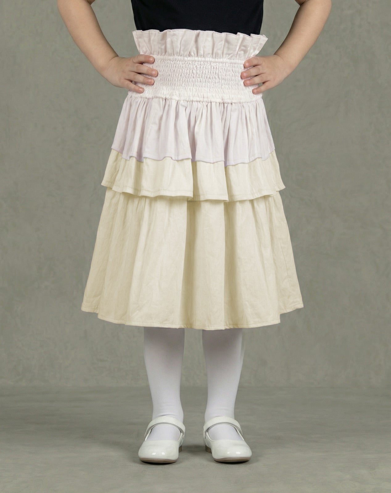 Girls Off-White & Soft Yellow Smocked-Waist Three-Tier Ruffle Midi Skirt