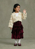 Girls Cream Bouclé Tufted Jacket & Burgundy Crushed Velvet Tiered Ruffle Skirt Set