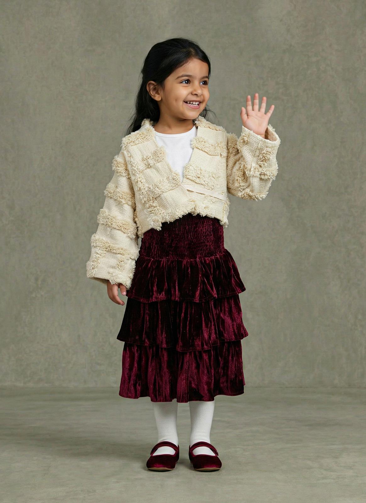Girls Cream Bouclé Tufted Jacket & Burgundy Crushed Velvet Tiered Ruffle Skirt Set