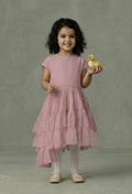 Girls Dusty Pink Cap-Sleeve Cascading Multi-Tier Ruffle Asymmetric Hi-Low Dress