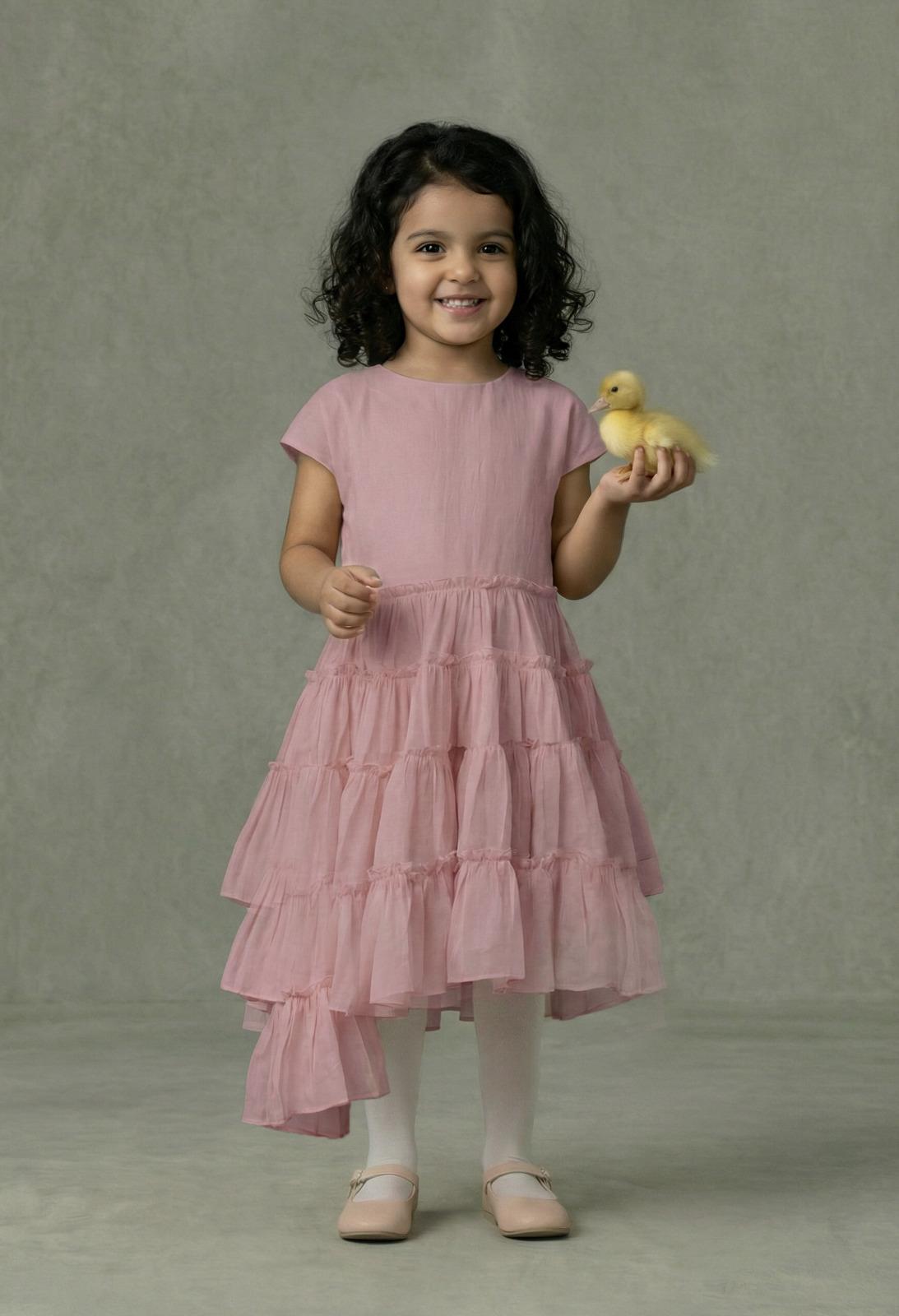 Girls Dusty Pink Cap-Sleeve Cascading Multi-Tier Ruffle Asymmetric Hi-Low Dress