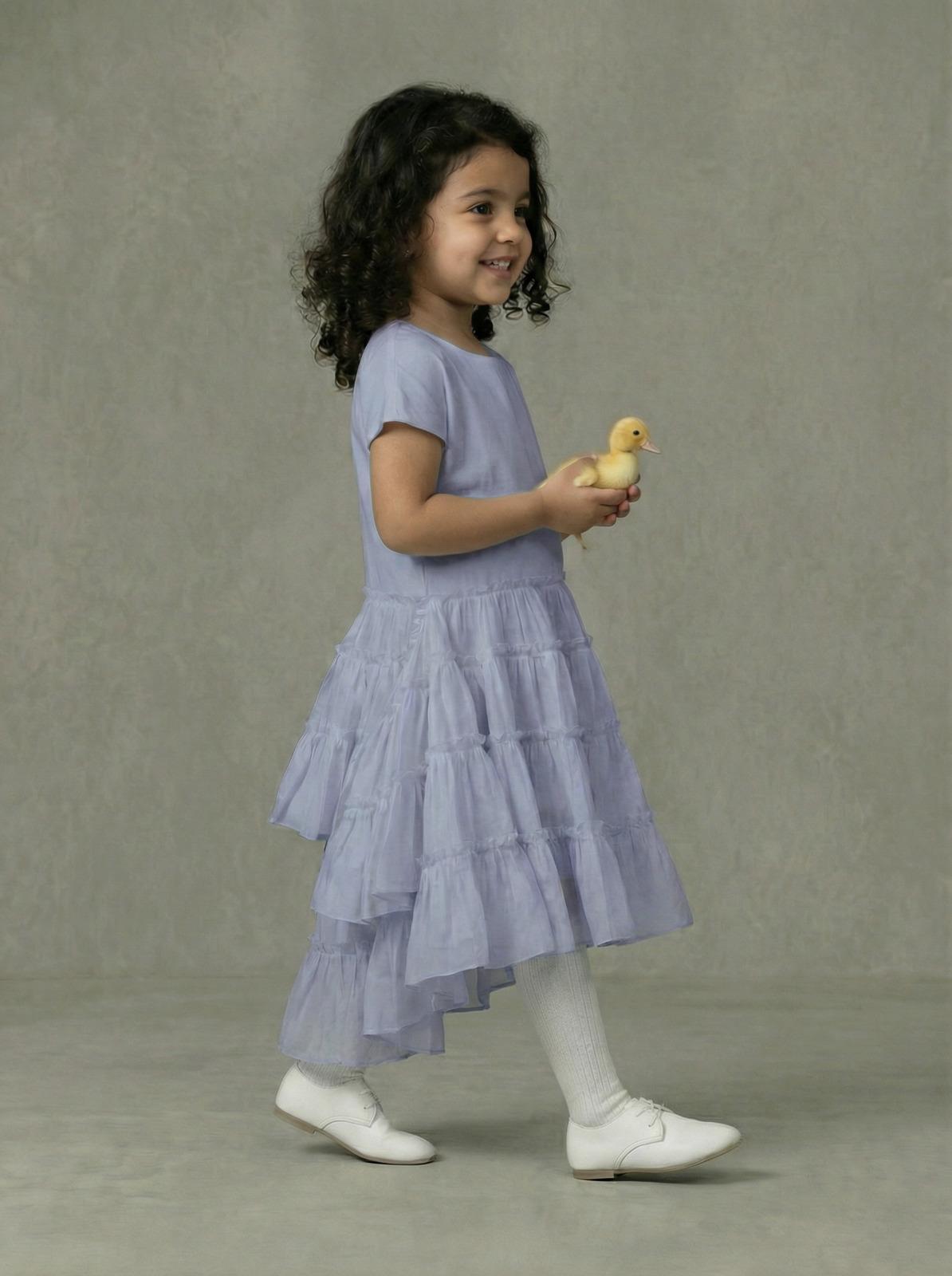 Girls Periwinkle Blue Cap-Sleeve Cascading Multi-Tier Ruffle Asymmetric Hi-Low Dress