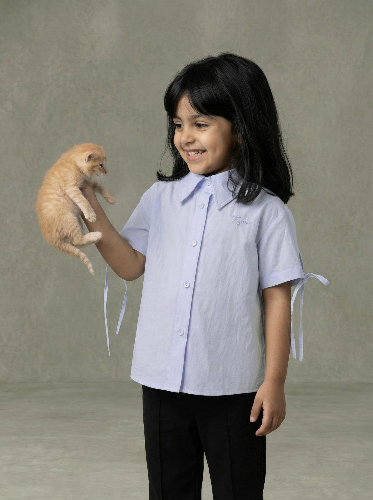 Girls Light Blue Collared Short-Sleeve Button-Down Shirt with Ribbon Tie Cuffs & Logo Embroidery