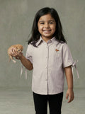Girls Dusty Blush Collared Short-Sleeve Button-Down Shirt with Ribbon Tie Cuffs & Logo Embroidery