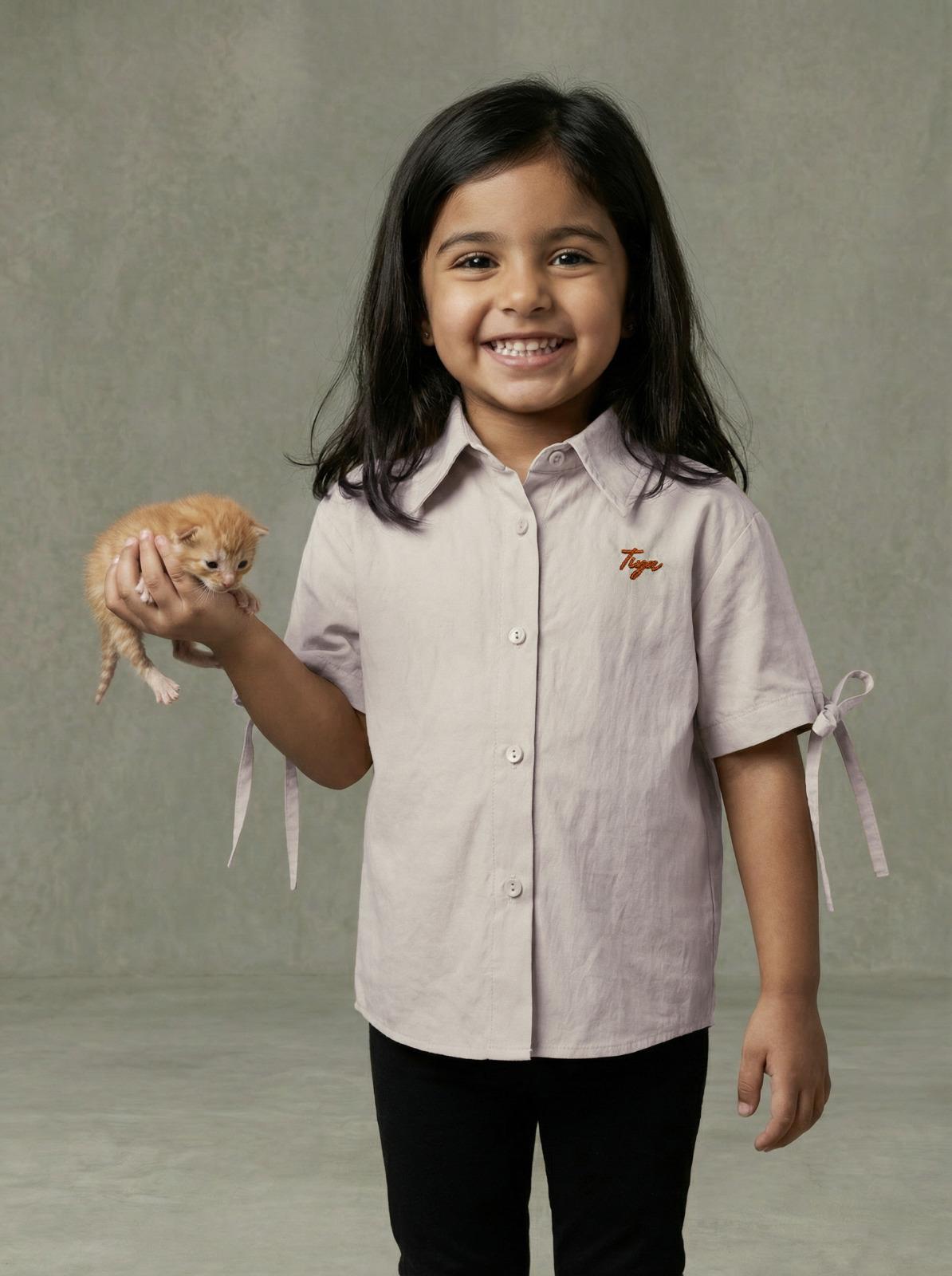 Girls Dusty Blush Collared Short-Sleeve Button-Down Shirt with Ribbon Tie Cuffs & Logo Embroidery