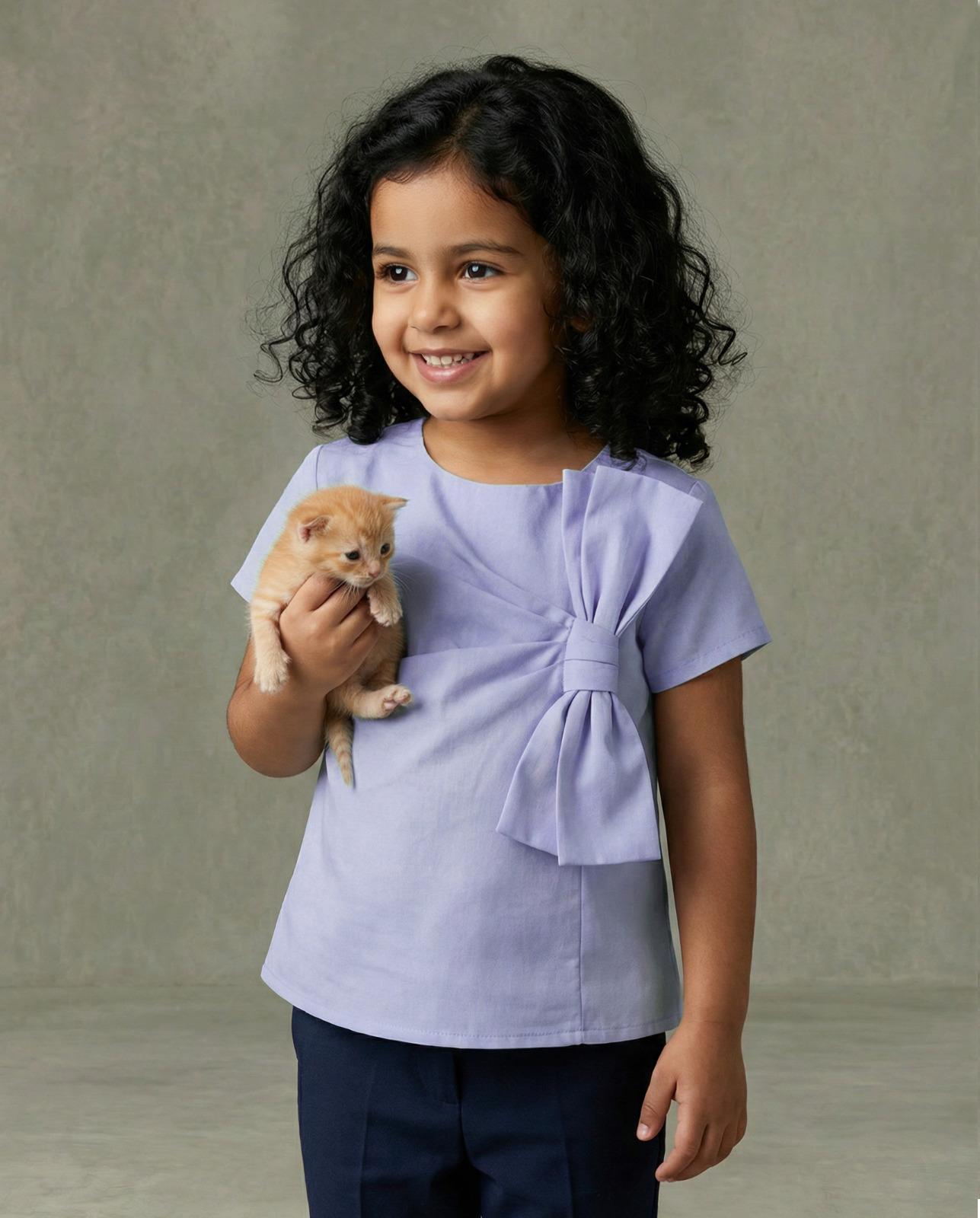 Girls Lavender Short-Sleeve Pleated Front Blouse with Oversized 3D Fabric Bow