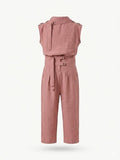 Girls Dusty Rose Belted Wide-Leg Sleeveless Jumpsuit