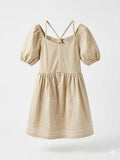 Girls Beige Puff Sleeve Cross-Back Strap Palm Tree Embroidery Dress
