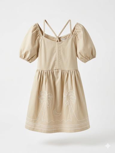 Girls Beige Puff Sleeve Cross-Back Strap Palm Tree Embroidery Dress
