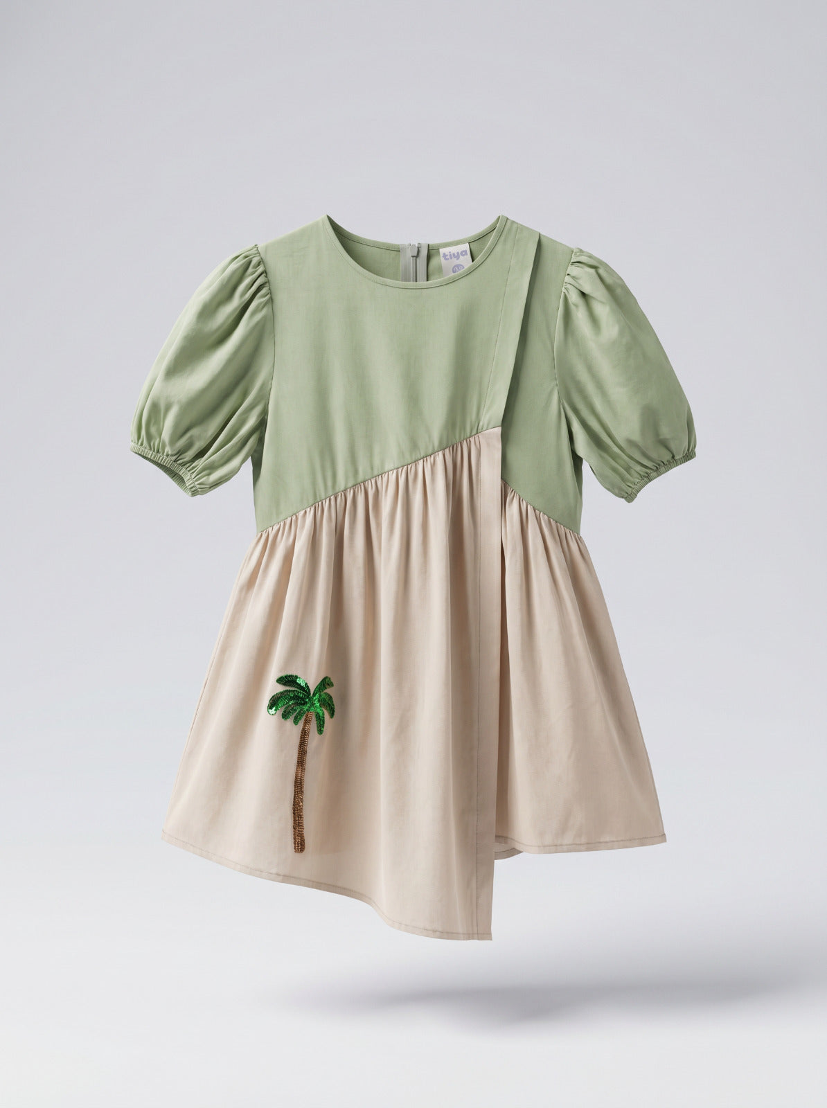 Girls Sage Green Beige Colorblock Puff Sleeve Palm Tree Sequin Dress