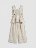 Girls Beige Black Polka Dot Smocked Ruffle Top & Wide-Leg Pants Set