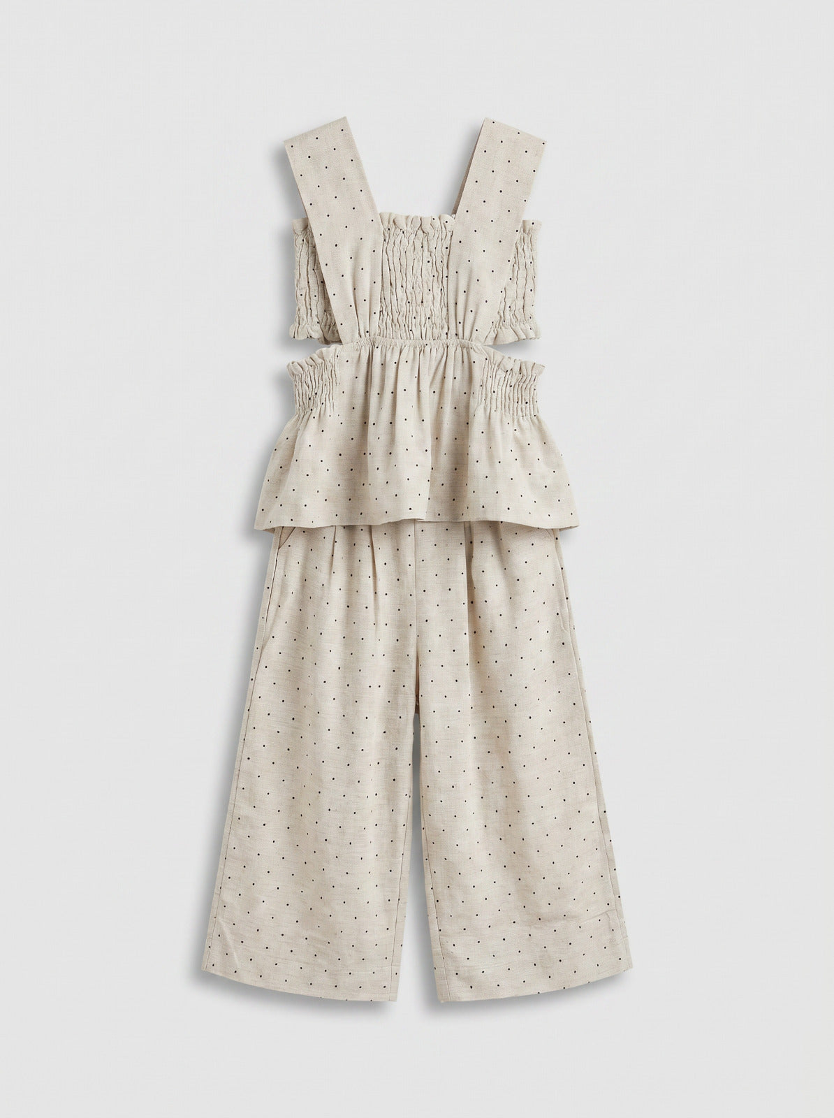 Girls Beige Black Polka Dot Smocked Ruffle Top & Wide-Leg Pants Set