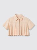 Girls Peach Cropped Knife-Pleat Collared Short-Sleeve Shirt