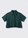 Girls Forest Green Cropped Knife-Pleat Collared Short-Sleeve Shirt